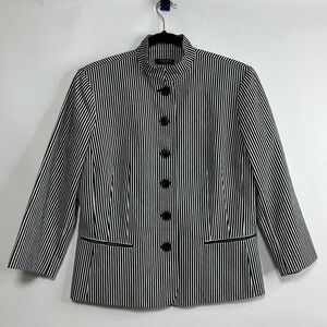 Chaps Women Black White Striped Mandarin Collar Blazer Jacket 12 Cotton Nautical